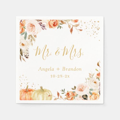 Autumn Gold Floral Mr and Mrs Wedding Napkins