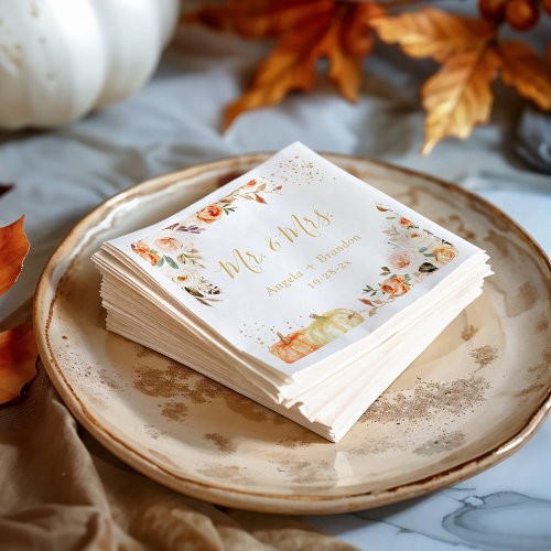 Autumn Gold Floral Mr and Mrs Wedding Napkins