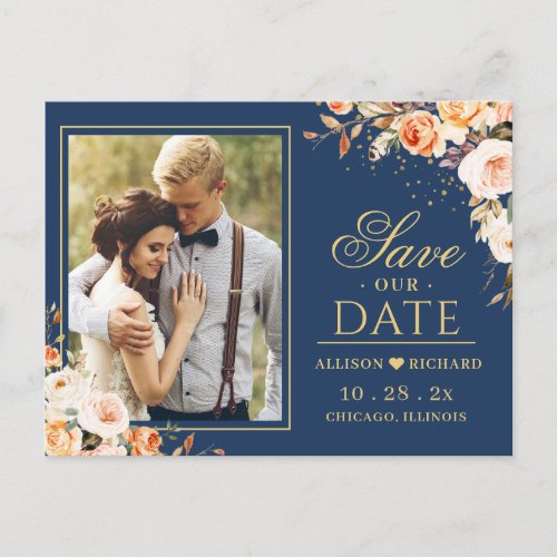 Autumn Gold Floral Navy Blue Photo Save the Date Postcard - Autumn Gold Floral Navy Blue Photo Save the Date Postcard