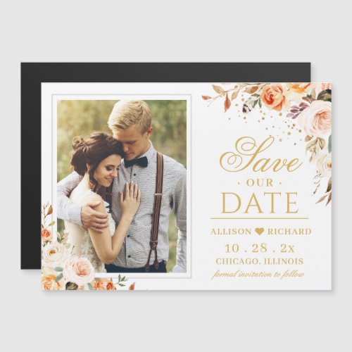 Autumn Gold Floral Photo Save the Date Magnet - Autumn Floral Gold Geometric Save the Date Magnet Magnetic Card