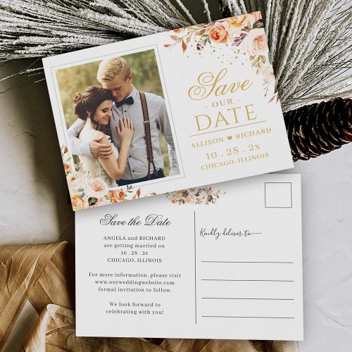 Autumn Gold Floral Photo Save the Date Postcard