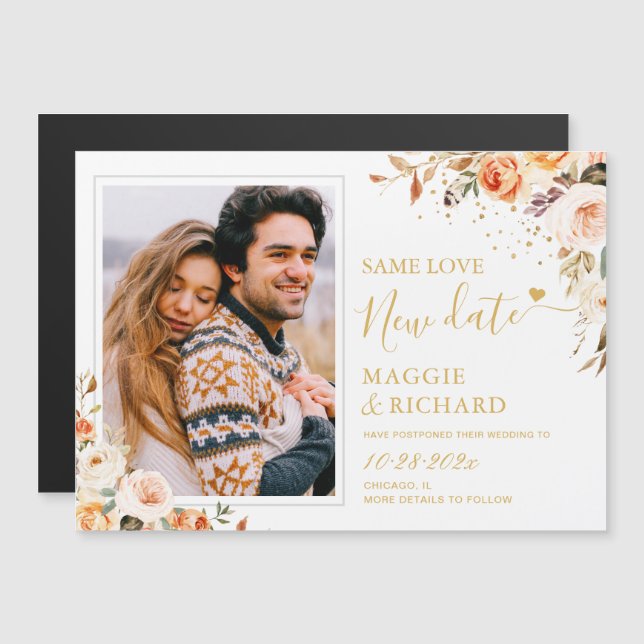 Autumn Gold Floral Photo Save the New Date Magnet (Front/Back)