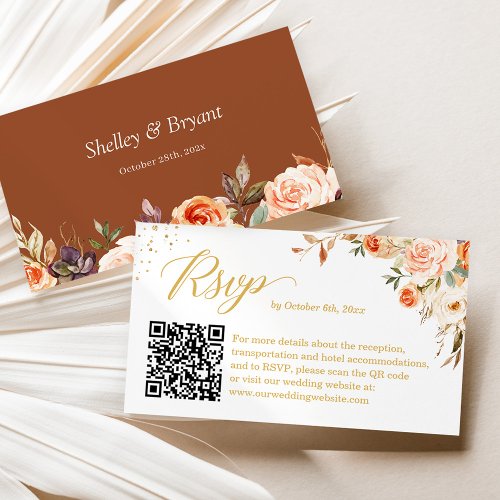 Autumn Gold Floral Wedding Online RSVP QR Code Enclosure Card