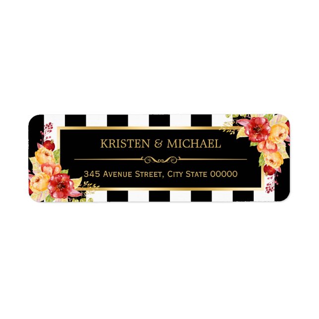 Autumn Gold Flowers Elegant Black White Stripes Label (Front)