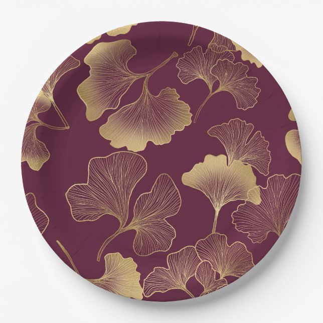 Autumn Gold Ginkgo Leaf Pattern Paper Plates (Front)