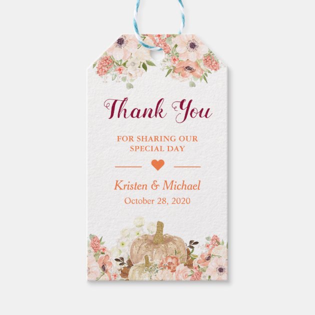 Autumn Gold Glitters Pumpkin Floral Fall Thank You Gift Tags