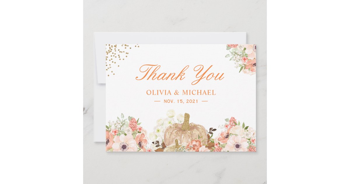 Autumn Gold Glitters Pumpkin Floral Thank You Card | Zazzle