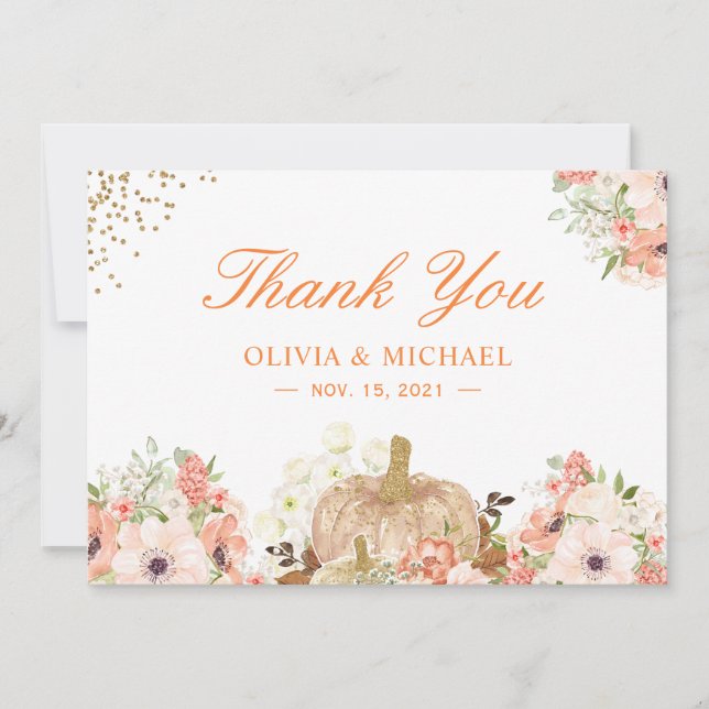 Autumn Gold Glitters Pumpkin Floral Thank You Card (Front)