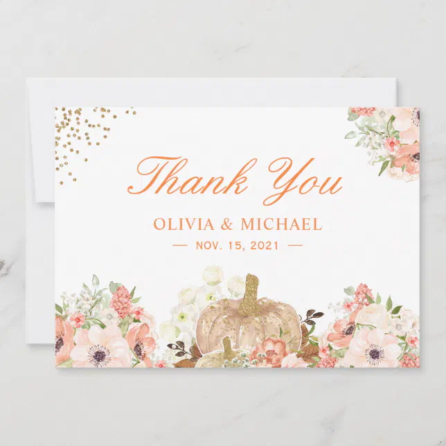 Autumn Gold Glitters Pumpkin Floral Thank You Card | Zazzle