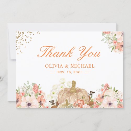 Autumn Gold Glitters Pumpkin Floral Thank You Card