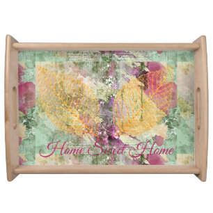 Autumn Gold Leaf Decoupage Green Pink Serving Tray