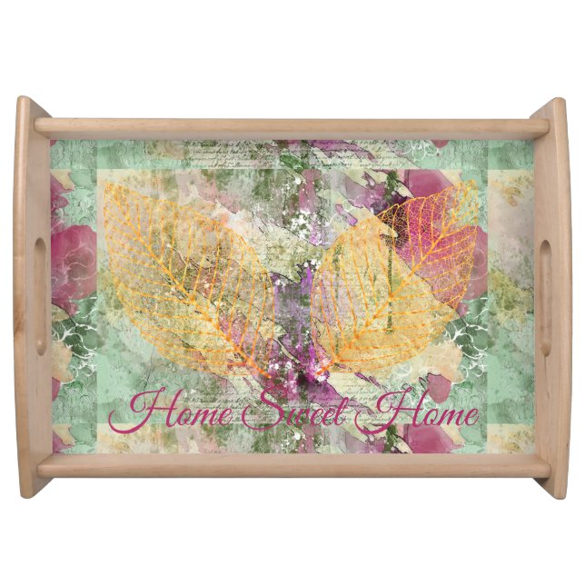 Autumn Gold Leaf Decoupage Green Pink  Serving Tray (Front)
