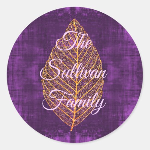 Autumn Gold Leaf on Violet Purple Satin  Classic Round Sticker