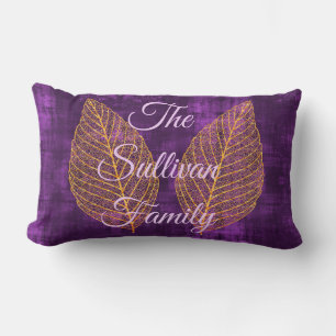 Autumn Gold Leaf on Violet Purple Satin  Lumbar Pillow