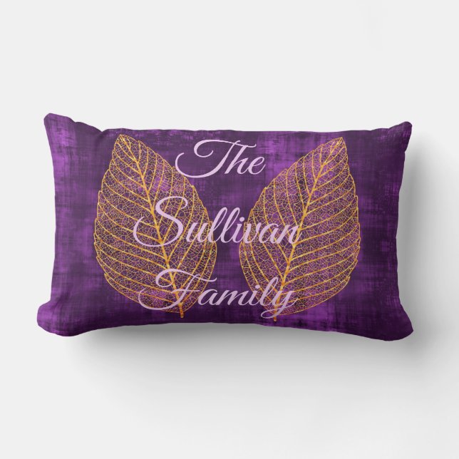 Autumn Gold Leaf on Violet Purple Satin  Lumbar Pillow (Front)