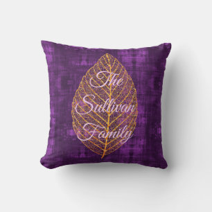 Autumn Gold Leaf on Violet Purple Satin Throw Pillow