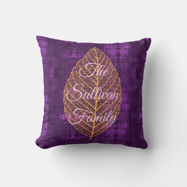 Autumn Gold Leaf on Violet Purple Satin Throw Pillow (Front)