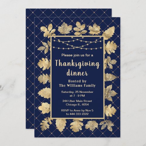 Autumn Gold Leaves Thanksgiving Dinner Navy Invitation