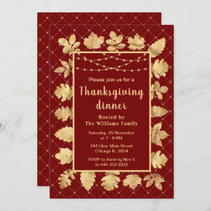 Autumn Gold Leaves Thanksgiving Dinner Red Invitation