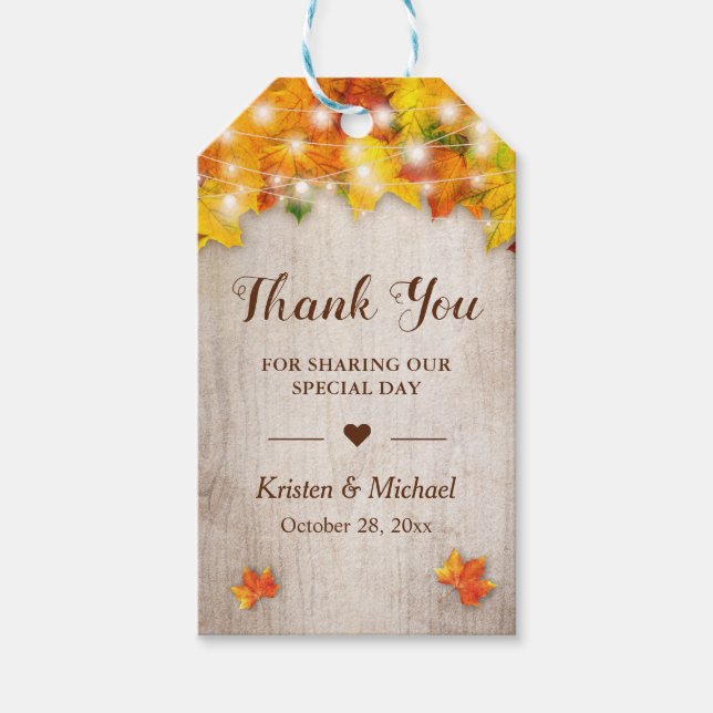 Autumn Gold Maple Leaves String Lights Thank You Gift Tags (Front)