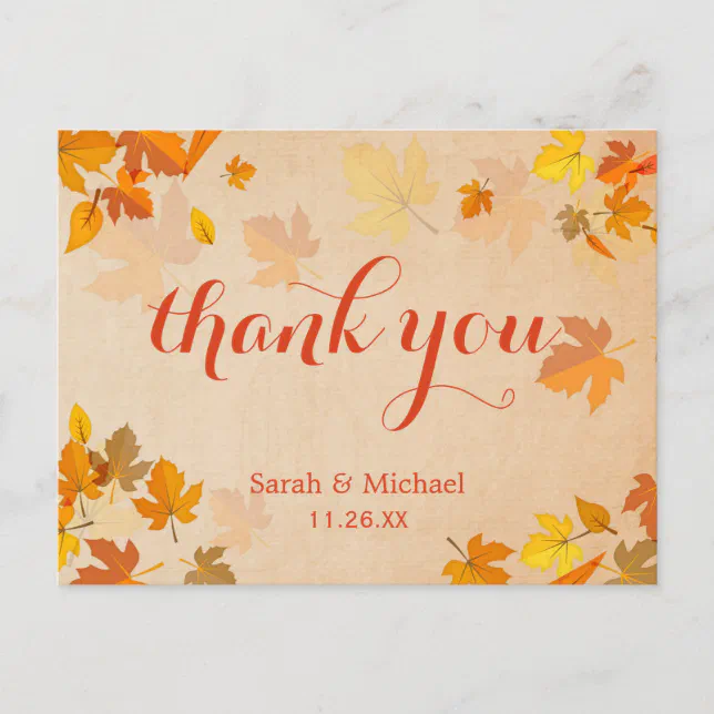 Autumn Gold Maple Leaves Thank You Postcard | Zazzle