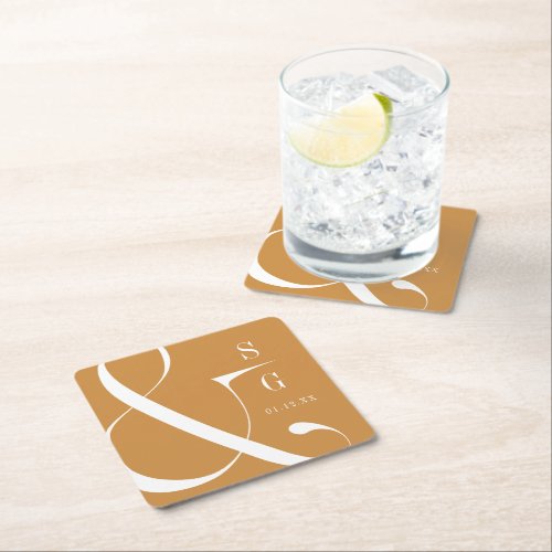 Autumn gold modern minimalist couples monogram square paper coaster