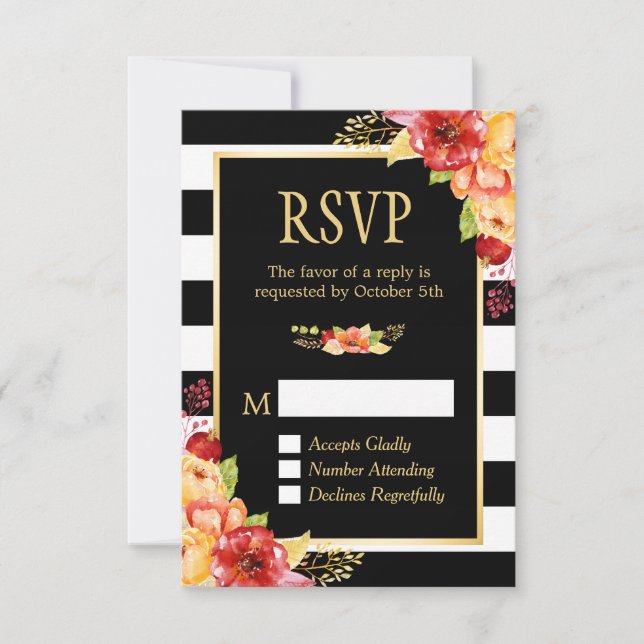 Autumn Gold Orang Red Floral B&W Stripes RSVP Card (Front)