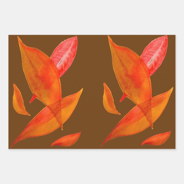 Autumn gold orange and brown leaves wrapping paper sheets (Front)