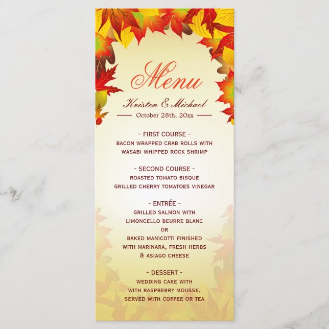 Autumn Gold Red Fall Leaves Wedding Menu Template (Front)