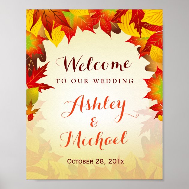 Autumn Gold Red Leaves Fall Wedding Reception Sign