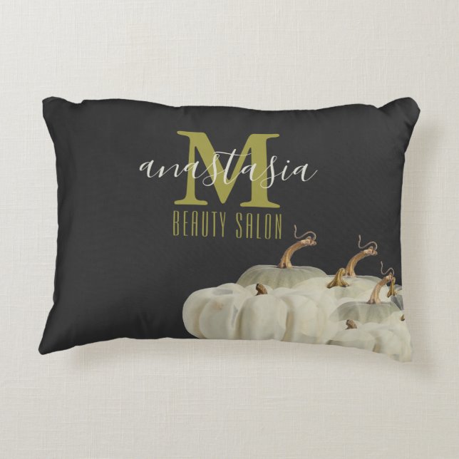 Autumn Gold White Pumpkins Black Beauty Salon Mono Accent Pillow (Back)