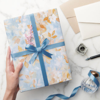Autumn Gold Yellow Leaves White Floral Blue Sky Wrapping Paper