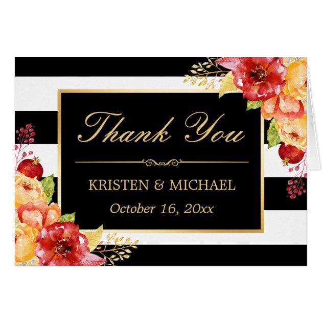 Autumn Gold Yellow Red Floral Stripes Thank You Card