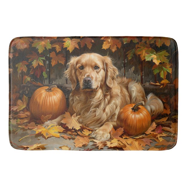 Autumn Golden Retriever Fall Pumpkins Bath Mat (Front)