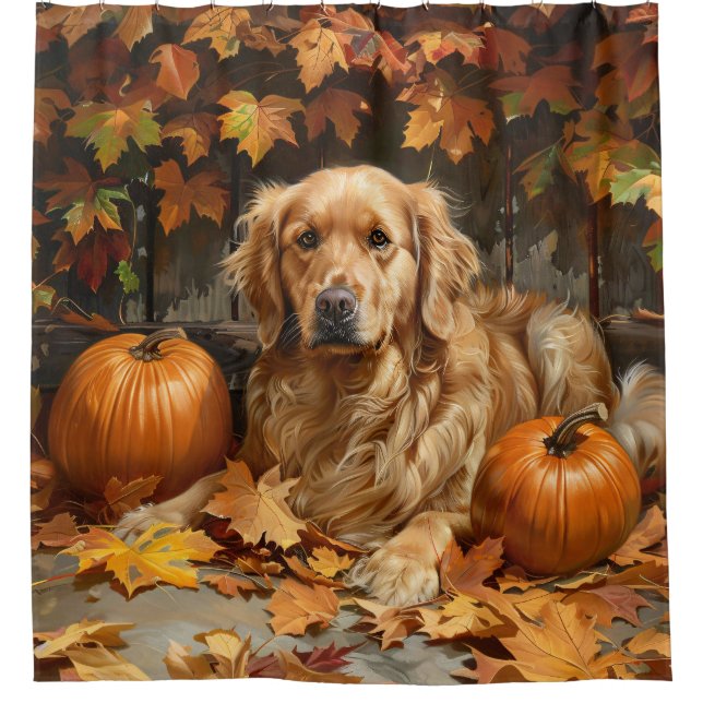 Autumn Golden Retriever Fall Pumpkins Shower Curtain (Front)
