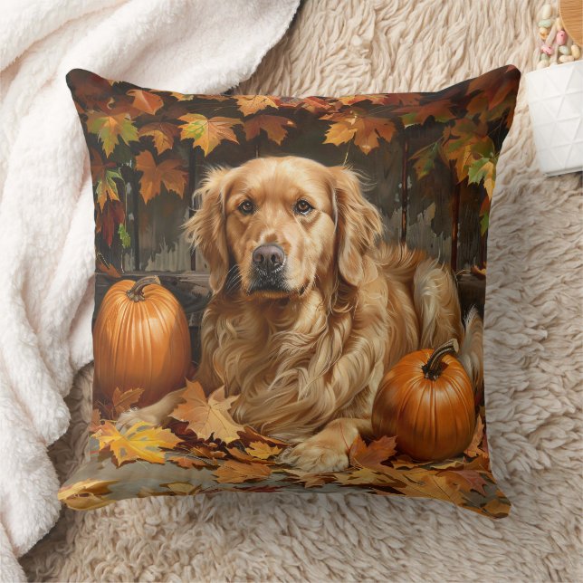 Autumn Golden Retriever Fall Pumpkins Throw Pillow (Blanket)