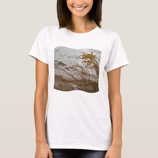 Autumn Golden Rod against cool gray Lake Arrowhead T-Shirt (Front)