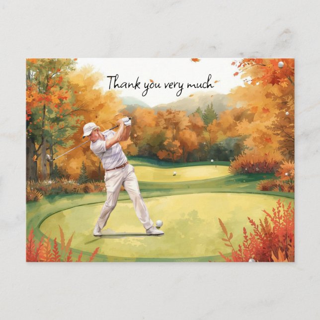 Autumn Golfer in golf course watercolor thank you  Postcard (Front)