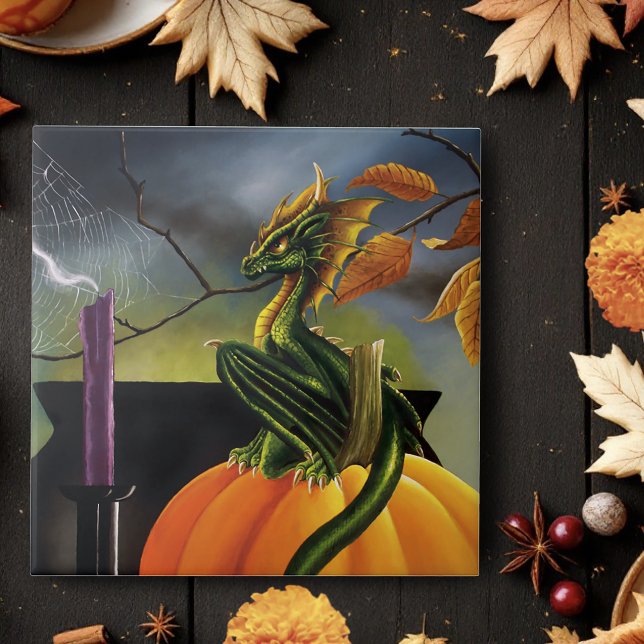 Autumn Green Dragon Pumpkin Halloween Fantasy Ceramic Tile (Creator Uploaded)