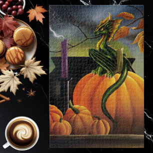 Autumn Green Dragon Pumpkin Halloween Fantasy Jigsaw Puzzle