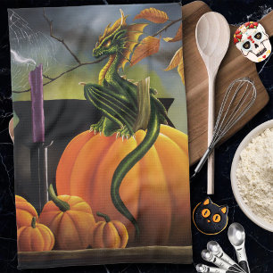 Autumn Green Dragon Pumpkin Halloween Fantasy Kitchen Towel