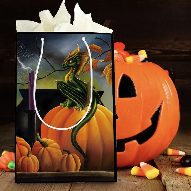 Autumn Green Dragon Pumpkin Halloween Fantasy Medium Gift Bag (Creator Uploaded)