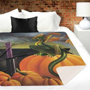 Autumn Green Dragon Pumpkin Halloween Fantasy Sherpa Blanket