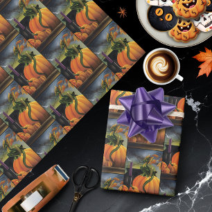 Autumn Green Dragon Pumpkin Halloween Fantasy Wrapping Paper