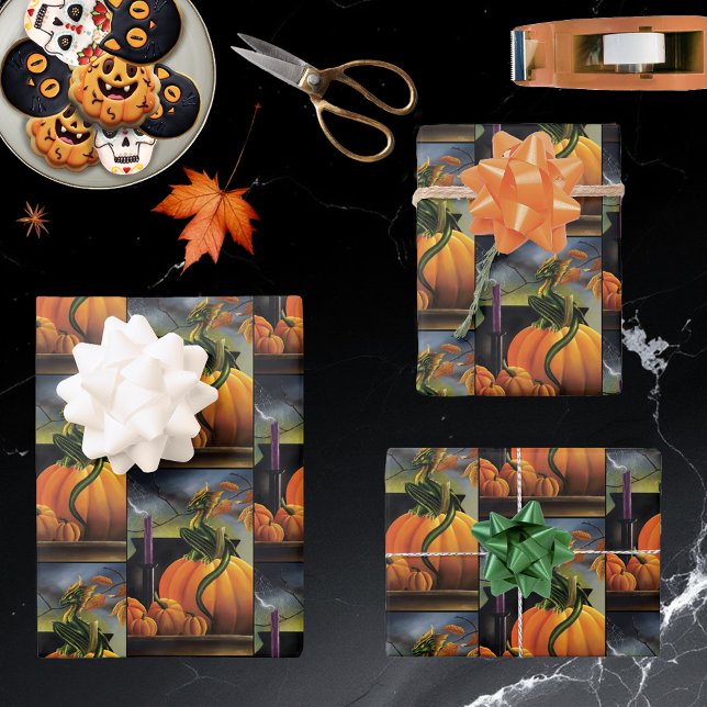 Autumn Green Dragon Pumpkin Halloween Fantasy Wrapping Paper Sheets (Creator Uploaded)