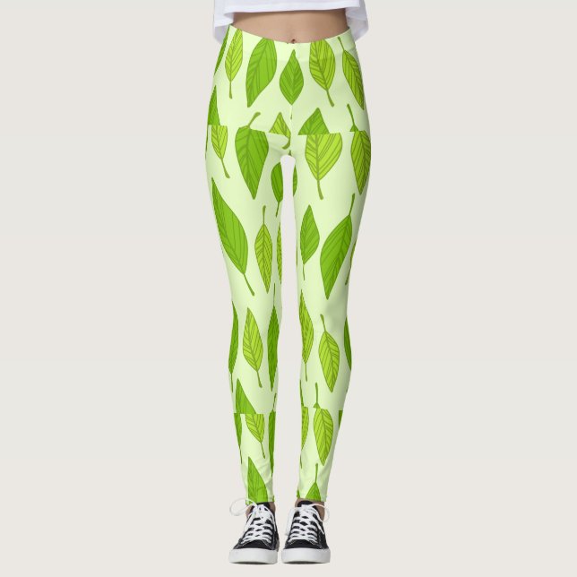 Autumn Green Leaves Leggings (Front)