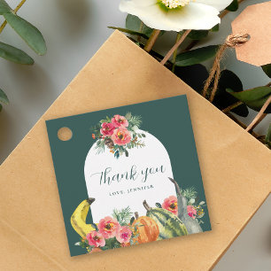 Autumn Green Pumpkins Pink Floral Birthday Party Favor Tags