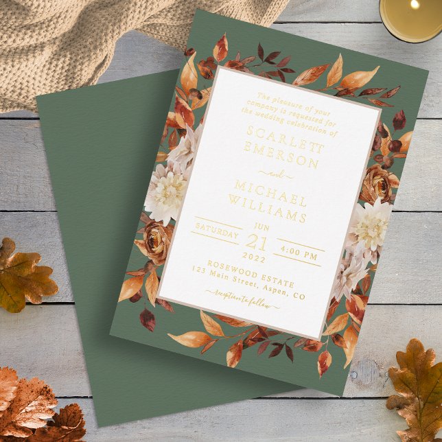 Autumn Green Wedding Foil Invitation (Elegant Autumn Sage Green Floral Wedding Foil Invitation by Painted Paperie
)