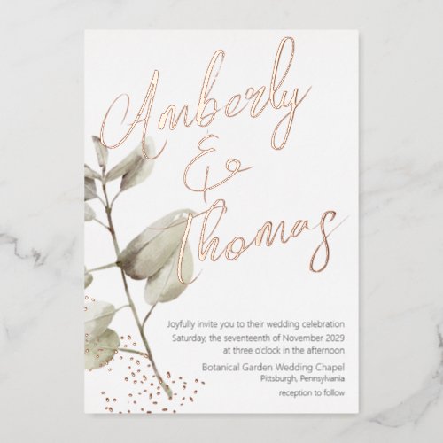 Autumn Greenery Bold Script Botanical Wedding Foil Invitation