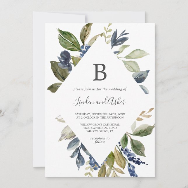 Autumn Greenery Diamond Monogram Wedding Invitation (Front)